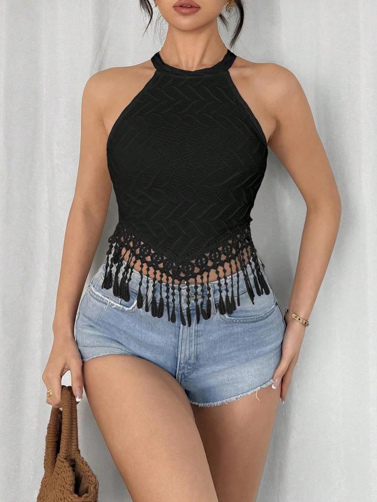 Foreign Trade Women's Clothing Spring and Summer New Elegant Fringed Vest Short Slim and Thin Navel Top