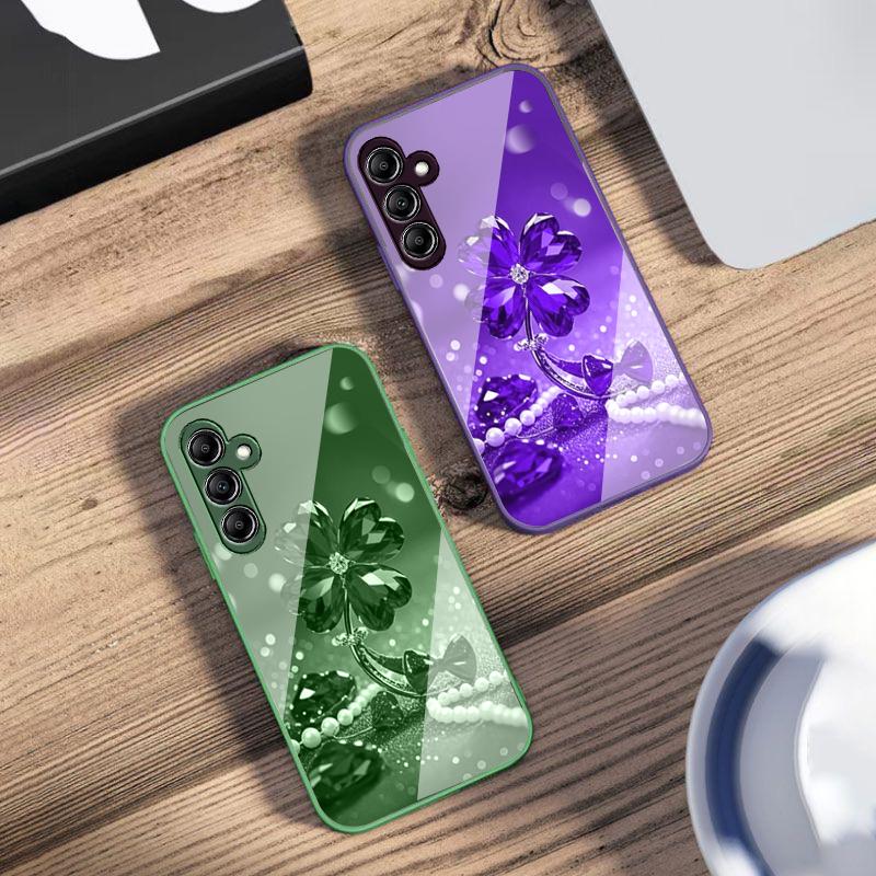 Lucky Four Leaf Flower For Samsung Galaxy A14 4G 20 30 52 20S 21S 22 A32 33 34 42 50 51 53 54 70 71 72 73 5G Glass Phone Case