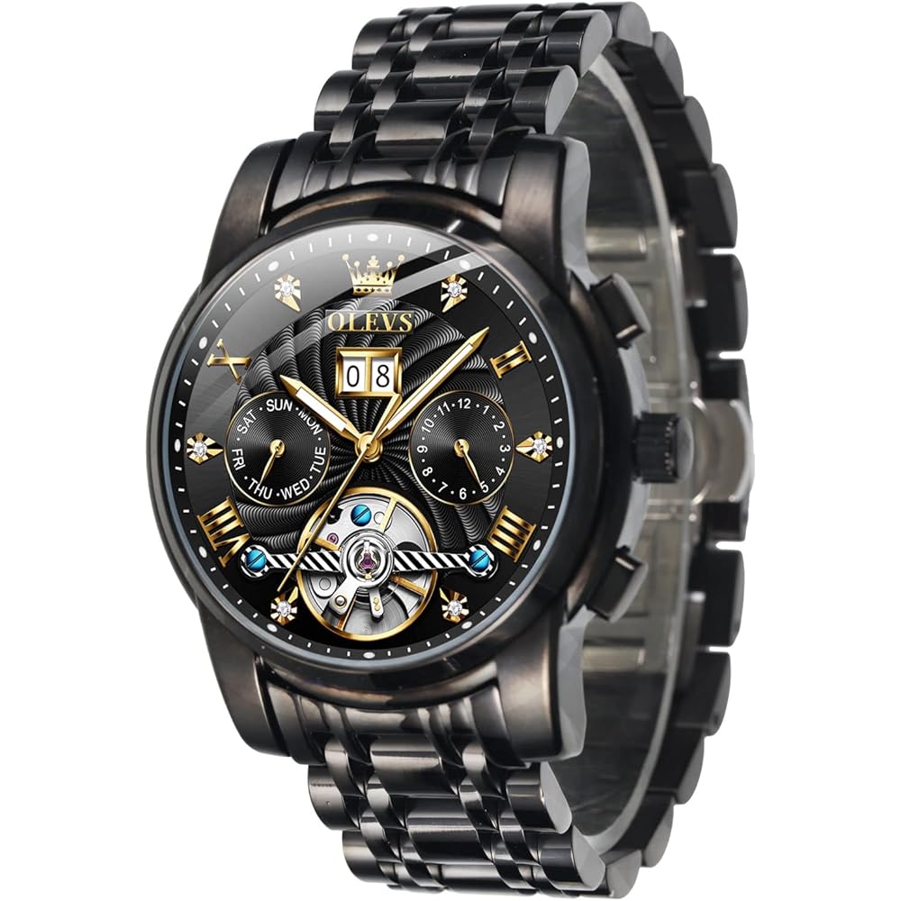 OLEVS Men s Automatic Skeleton Watch Black Waterproof Date Luminous Business Fashion Wristwatch