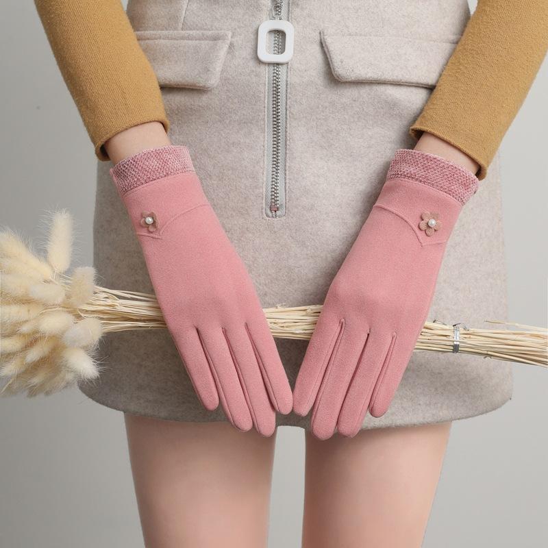 New Female Autumn Winter Non-Inverted Velvet Cashmere Full Finger Warm Lace Gloves Women Cotton Touch Screen Gloves G82