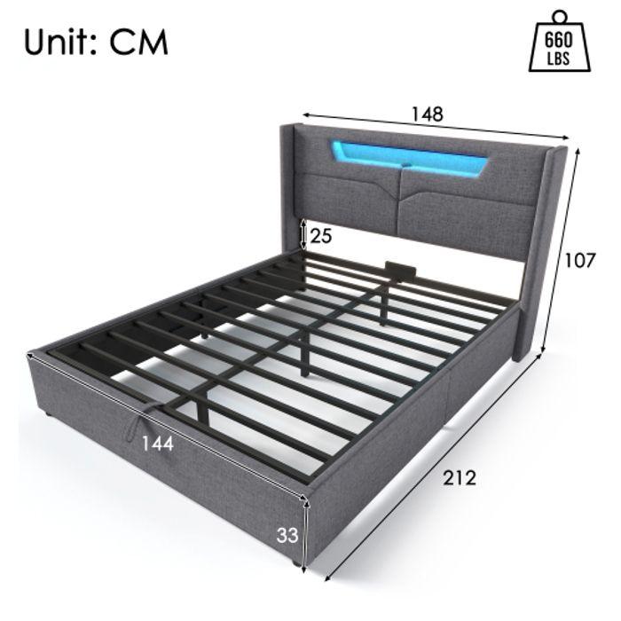 Lit double - MUVOE - 140x200 - LED avec chargeur USB - Sommier à lattes - Matelas inclus
