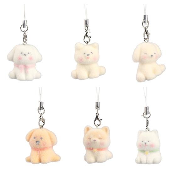 Decorative Pendant Flocking Puppy Shape Keychain Bag Charm with Lanyard Mobile Phone Bag Hanging Ornament