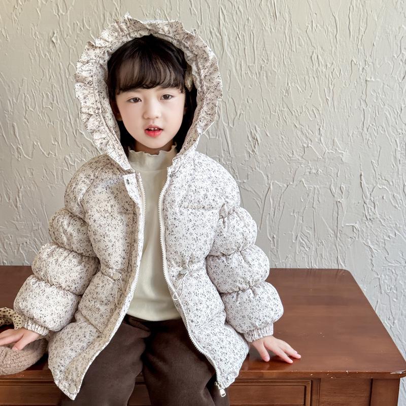 

Girls 2025 Fleece-Lined Floral Hooded Winter Jacket, Warm Korean Style for Small & Medium Kids Size 130 for 110-120cm квіткові білого кольору