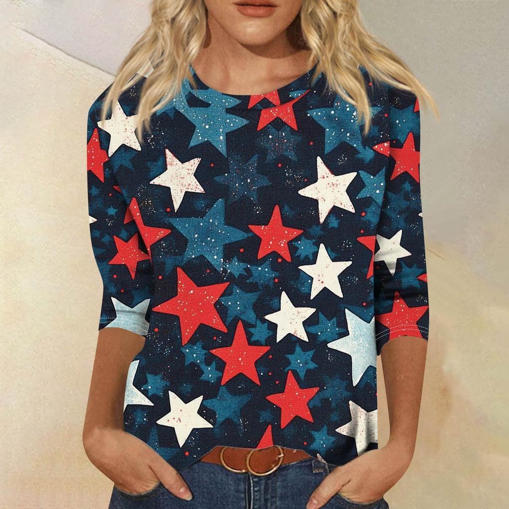 Dames Mode Casual Zeven Mouwen Onafhankelijkheidsdag Bedrukt Rond Hals T-shirt Top