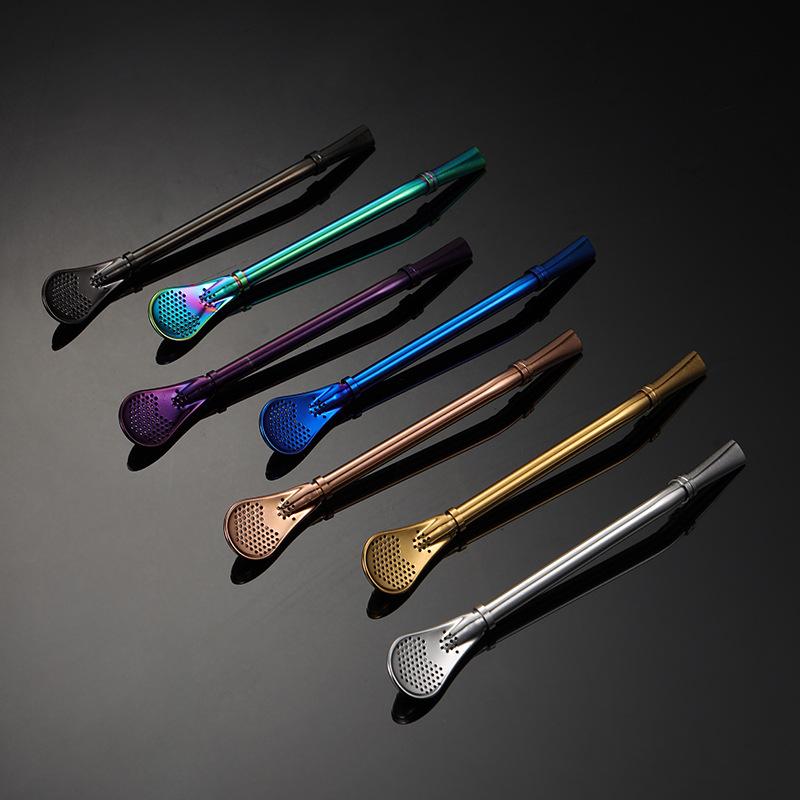 304 Stainless Steel Double Ring Straw Spoon Mate Tea Tool Spoon Titanium Plated Multi-color PVD with Filter Can Be Customized
