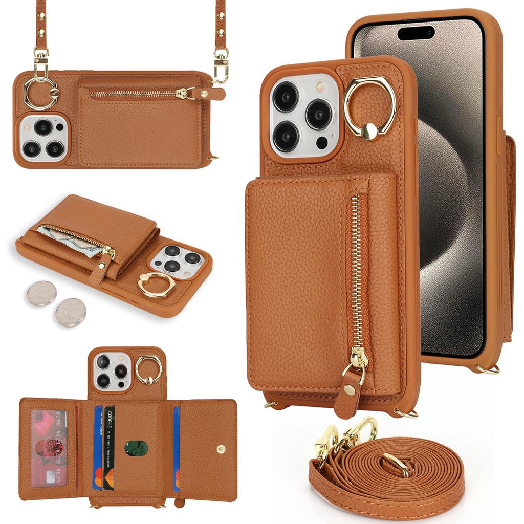 For iPhone 14 Pro Case Card Bag Ring Kickstand PU Leather+TPU Phone Cover with Shoulder Strap