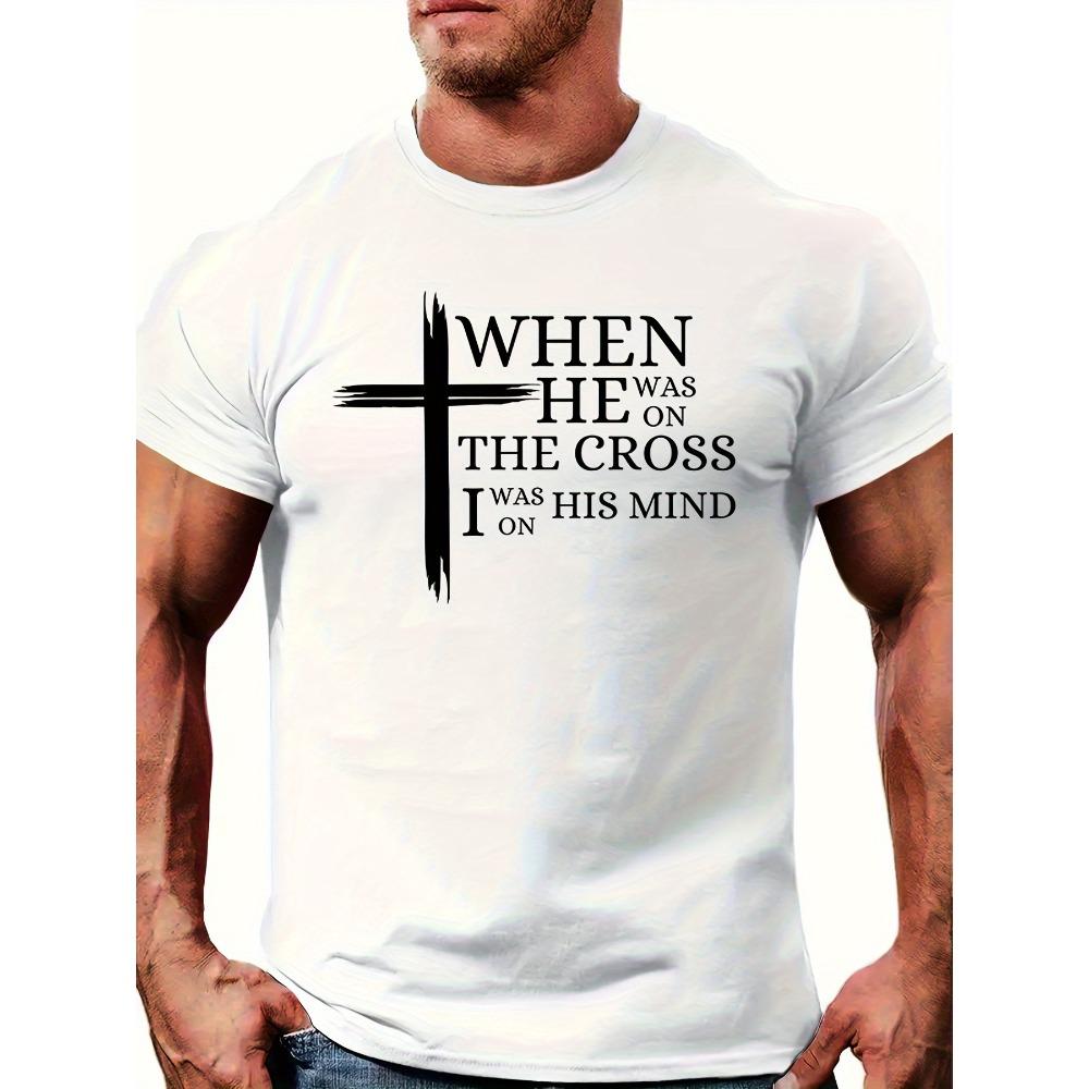 European Sizes Single-Sided Printed Round Neck Short Sleeve T-Shirt, Cross and Letter Pattern Printed Comfortable Unique T-Shirt, Pattern T-Shirt