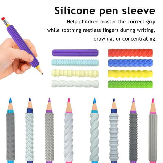 4Pcs Silicone Pencil Grips Ergonomic Textured Sleeves for Kids Adults Anxiety Relief Smooth Writing Pen Cover