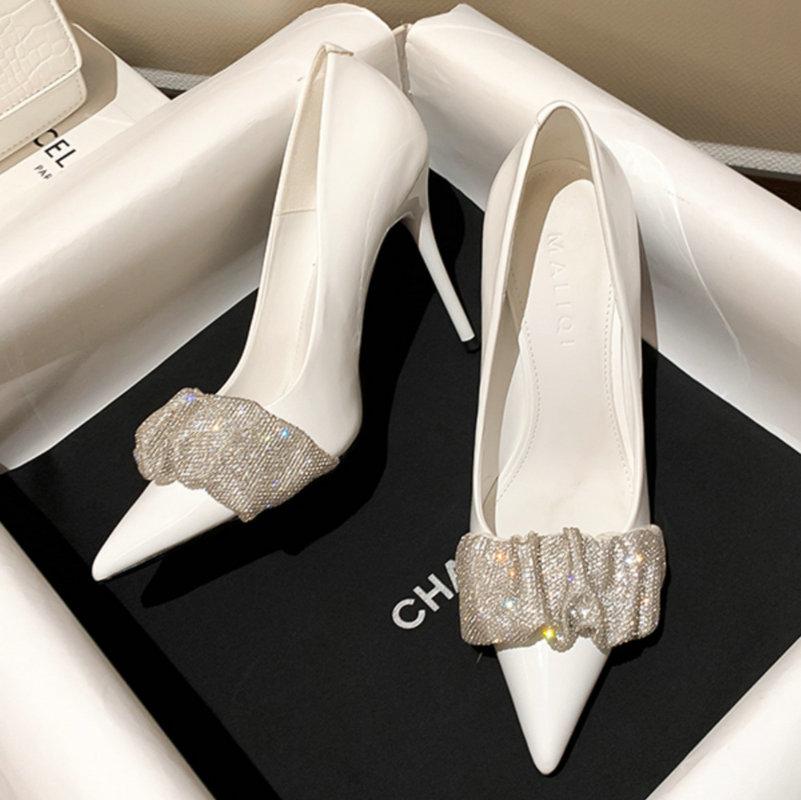 High Heels Bow Suede Pointy Temperament Rhinrhine-Style Young Women'S Single Shoes Glass With Commuter High Sense