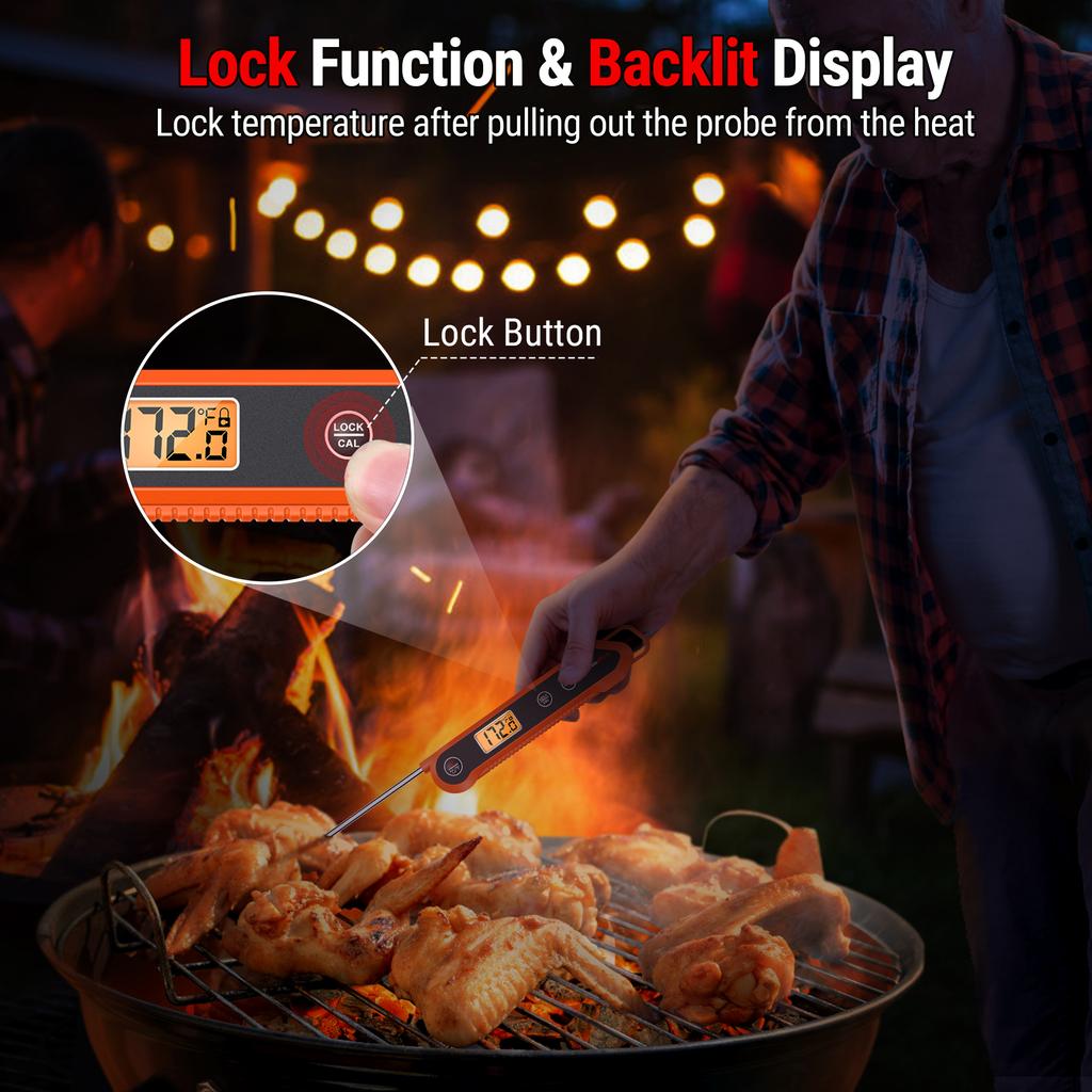 Digital Backlit Instant Read Meat Thermometer for BBQ Cooking, Waterproof Kitchen Thermometer with Lock Function