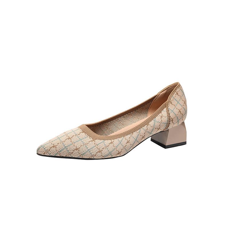 Single Shoes Women's New Mid-heel Light Mouth Thick Heel Pointed Fly-woven High-heeled Woven Shoes