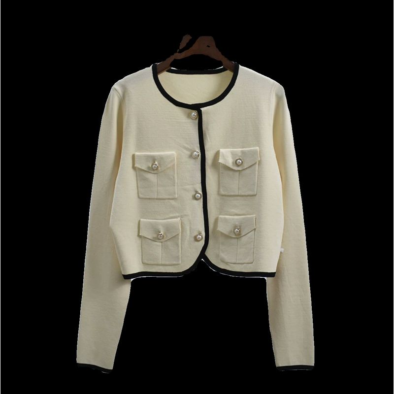 Round Neck Qu Zhu Single-Breasted Short Loose Long Sleeves Cardigan Spring & Fall Women's Outer Wear Contrast Color Fashion Stylish