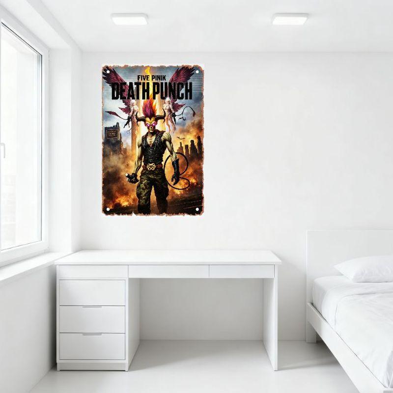 Pět růžových Death Punch Vintage kovových plechových cedulí, Démonická postava a Andělské ženy Apokalyptické umění, Nástěnná dekorace pro Bar Man Cave Kavárnu H