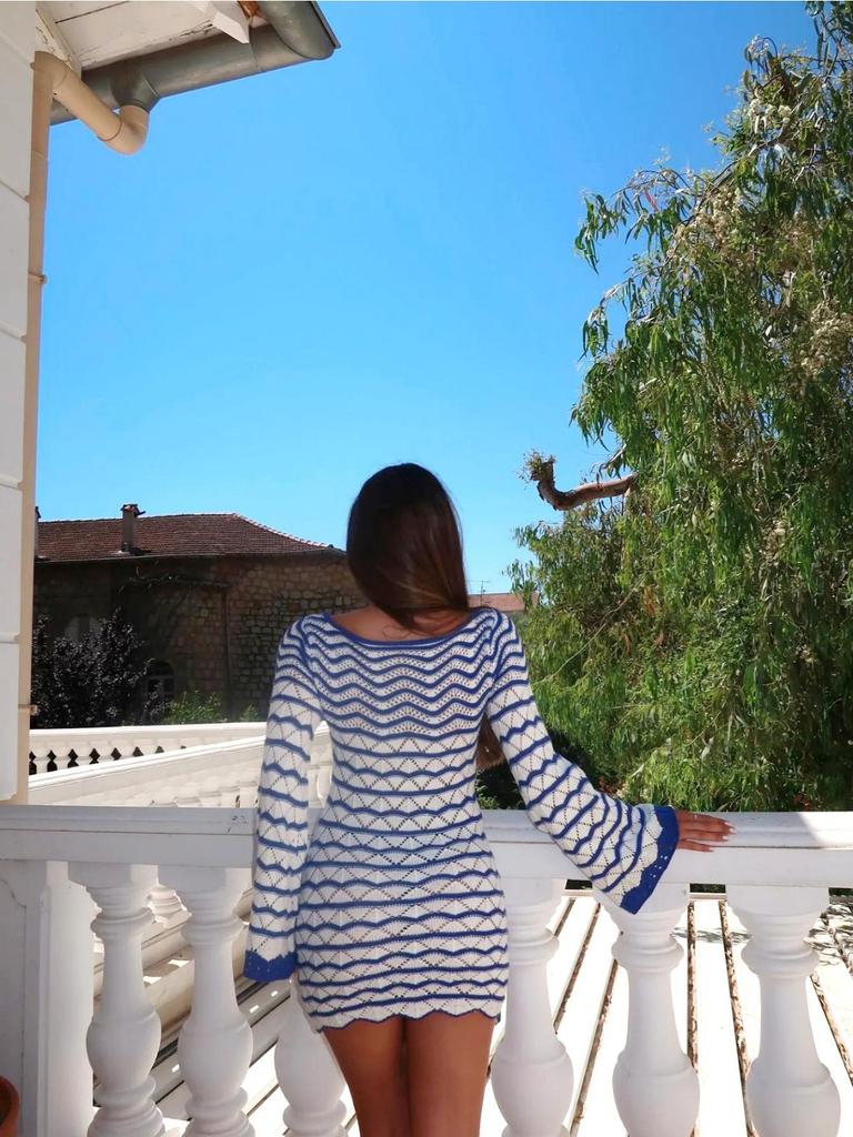 Sexy Boho Striped Chic V-neck Cut Out Bell Sleeve Knit Dress 2025 Summer Women Seaside Holiday Mini A-Line Dress K123