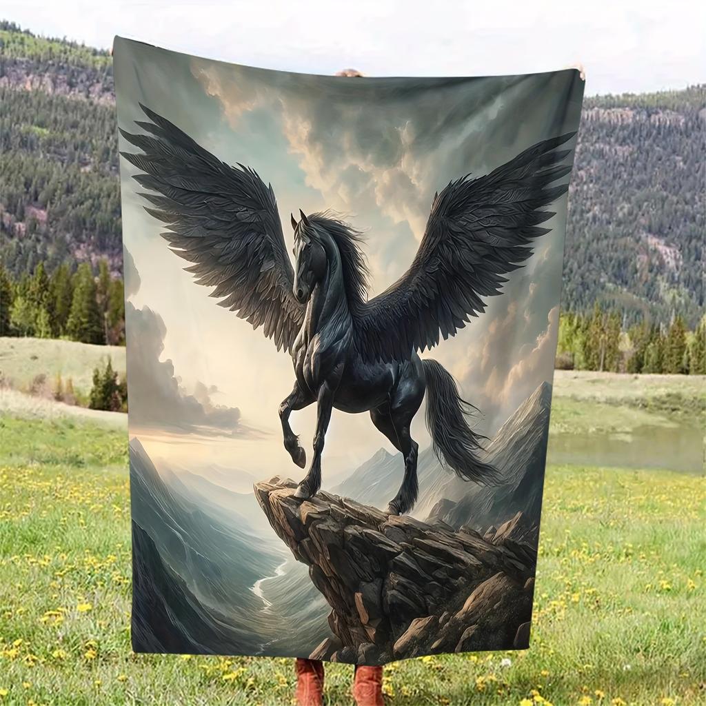 Cliff Flying Horse Print Throw Blanket - Majestic Animal Art Motif Soft Lightweight Accent for Sofa Bed Travel Office