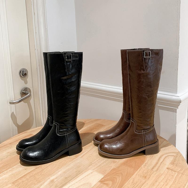 New spot autumn and winter new Manchester winter~ washed horse leather retro thick heel buckle with high boots female knight