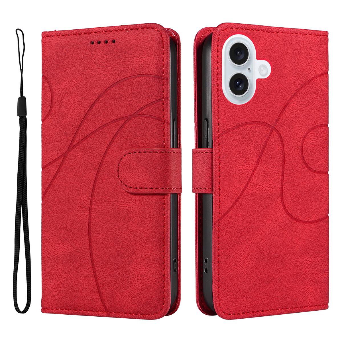 

For iPhone 17 Wallet Case Leather Phone Cover Stand with Curved Line Design Red