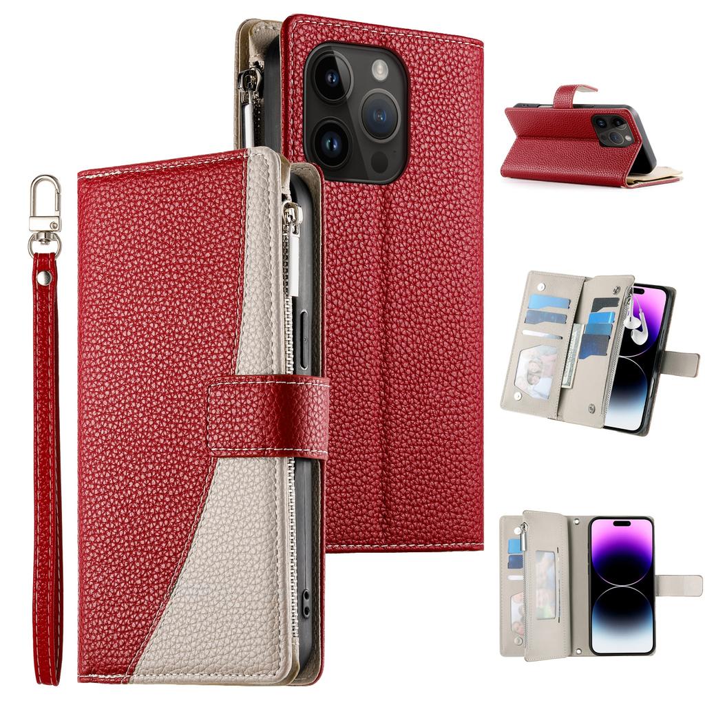 For iPhone 14 Pro Case Zipper Pocket Wallet Color Splicing Leather Flip Phone Cover with Straps