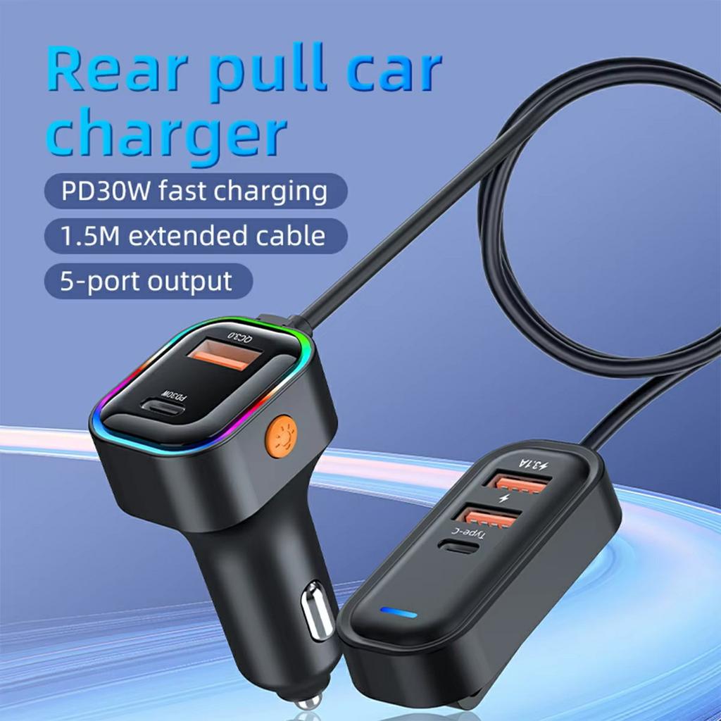 PD 30W Fast Charging Adapter with 1m Extension Cable Rear Seat Multi-Port Car Charger