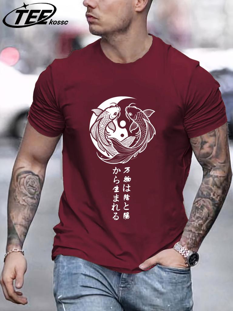 Japanese Harajuku Koi Art Letter Print Mens TShirt Loose Casual T Shirt AllMatch Cotton Streetwear Male Fashion Soft Clothing