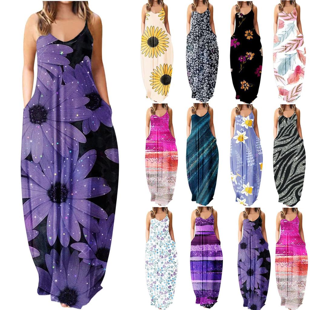 Fashion Ladies Loose Casual Summer Sexy Sleeveless Printed Sleeveless Backless Beach Dress