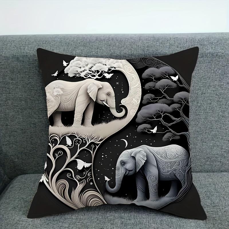 1 Piece of Modern Elephant and Pine Print Soft Short Plush Pillow Cover, 18x18 Inch Single-sided Printed Cushion