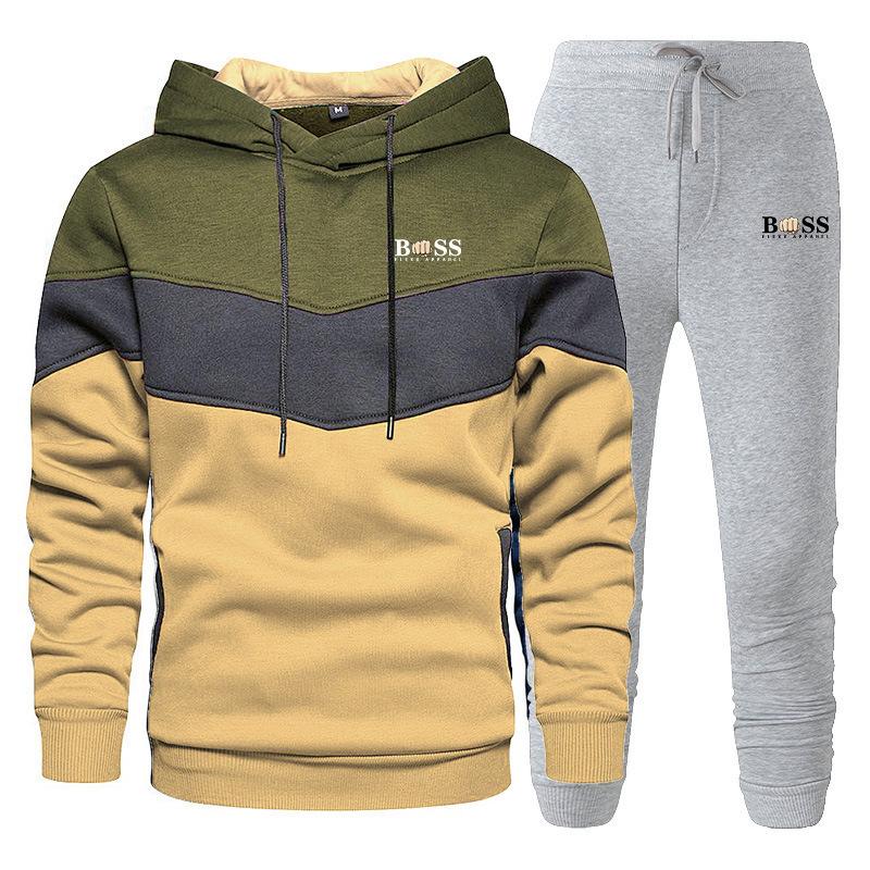 

Men s Fleece Color Blocked Hoodie Set Sports Casual Printed XXXL