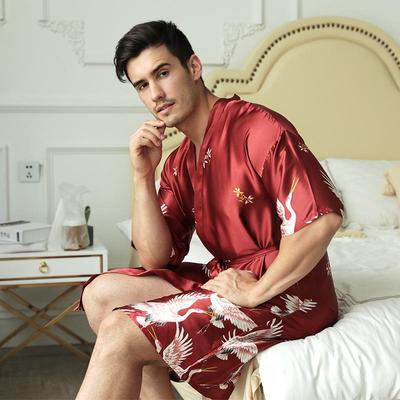 Men's Mid-Length Printed Faux Silk Summer Robe - Groom & Groomsman Sleepwear