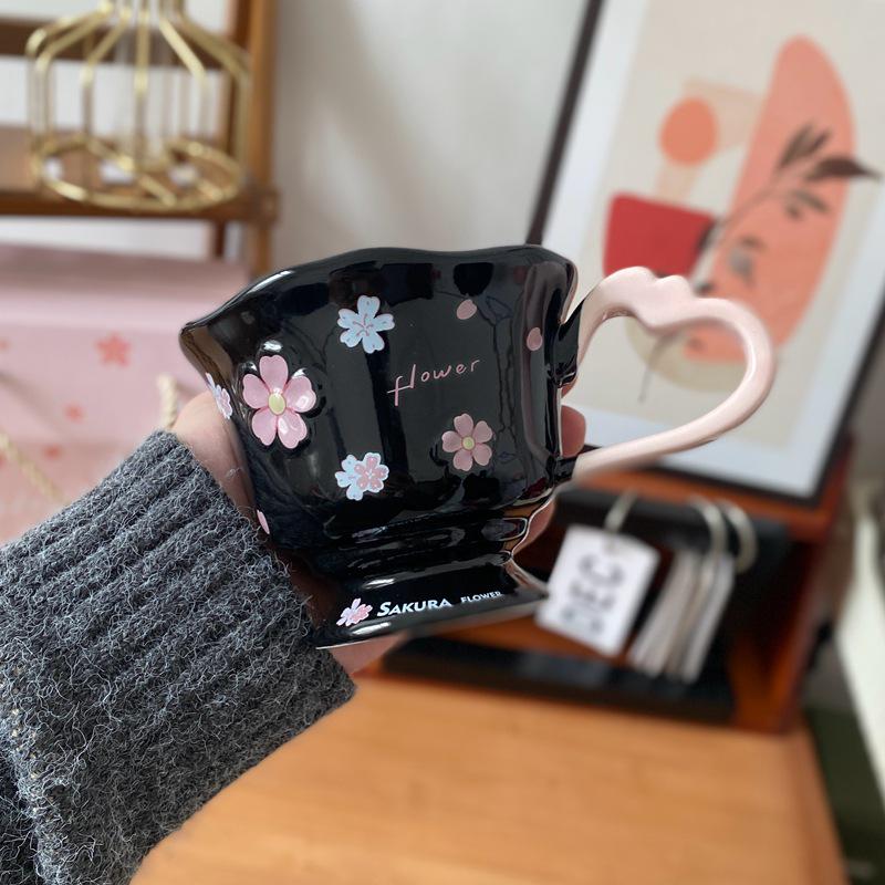 Cherry Blossom Mug & Spoon Set: Girly Ceramic Cup with Heart Design - Gift Box Included 360ml