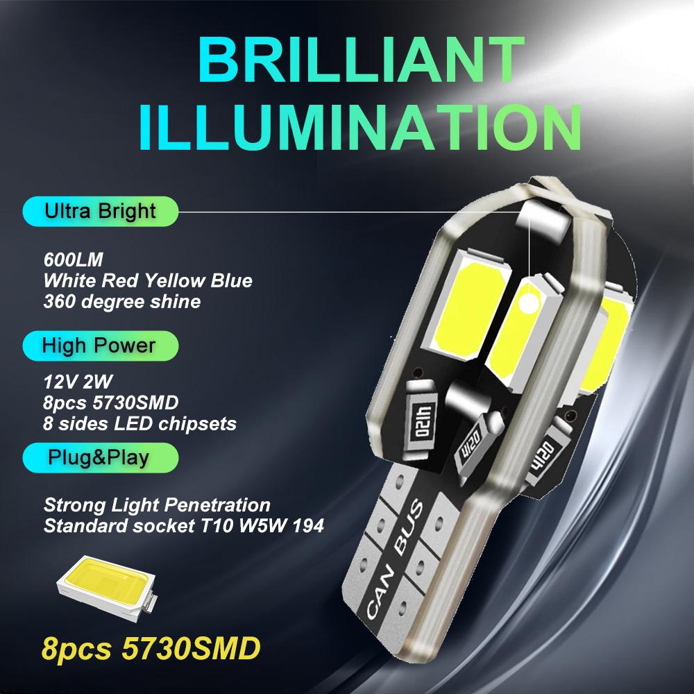 20PCS W5W T10 LED Bulbs Canbus 5730 8SMD 12V 6000K 194 168 LED Car Interior Map Dome Lights Parking Light Auto Signal Lamp Bulbs 7