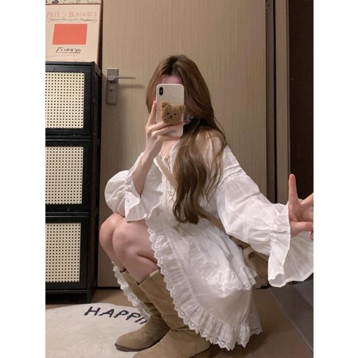 First Love Plot White Texture Temperament Dress Large Size Mm Spring French Long Sleeve Irregular Cake Skirt