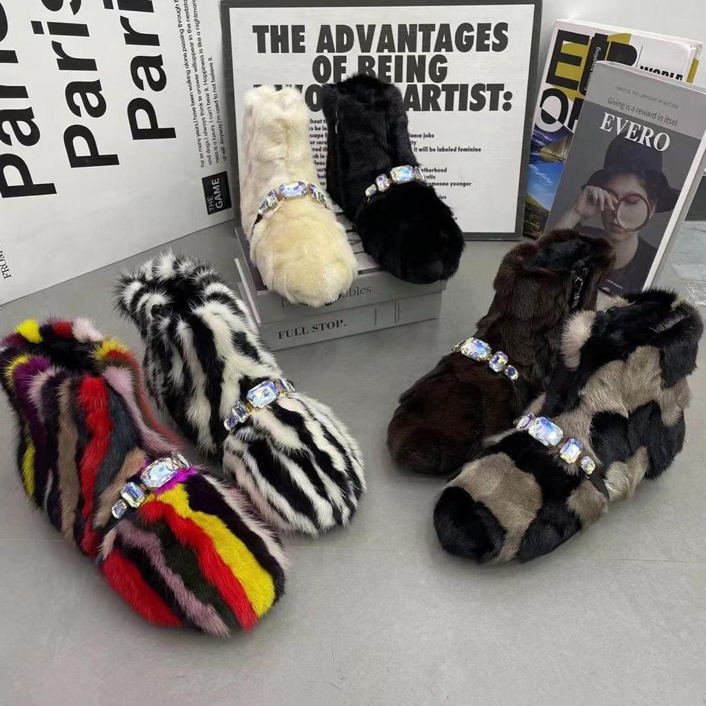 Fashion Women Mink Fur Flat Casual Shoes Ankle Winter Warm Snow Boots Crystal Decor Outside Footwear Short Boots Black