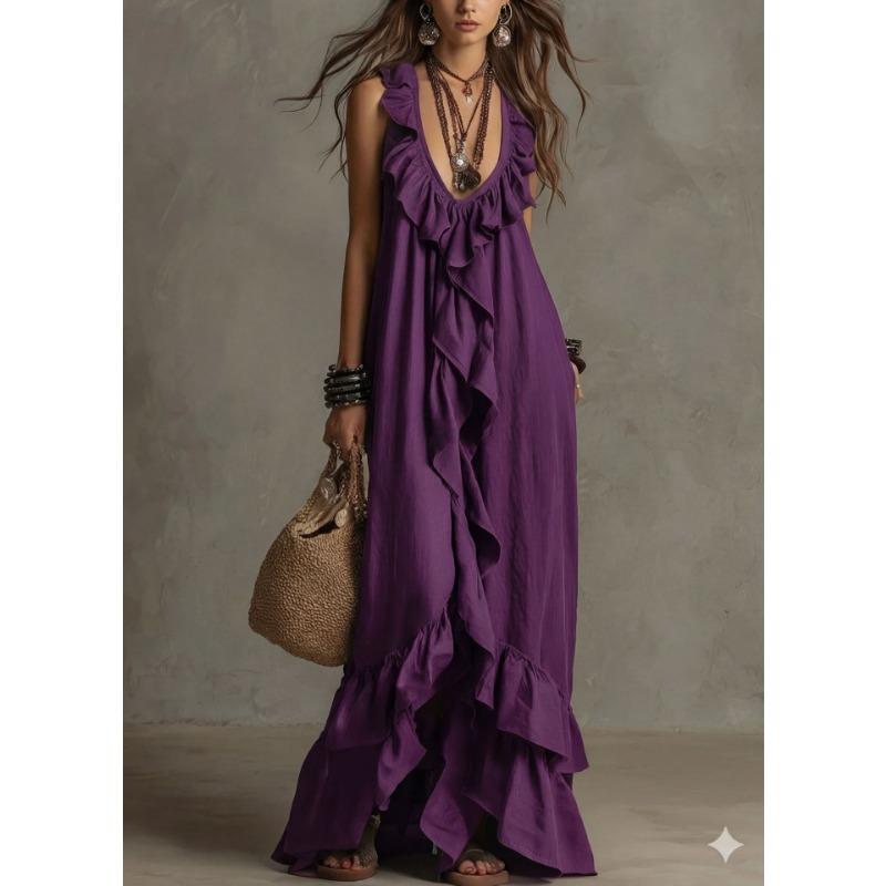 Women S Vintage Bohemian V Neck Short Sleeve Ruffled Long Dress