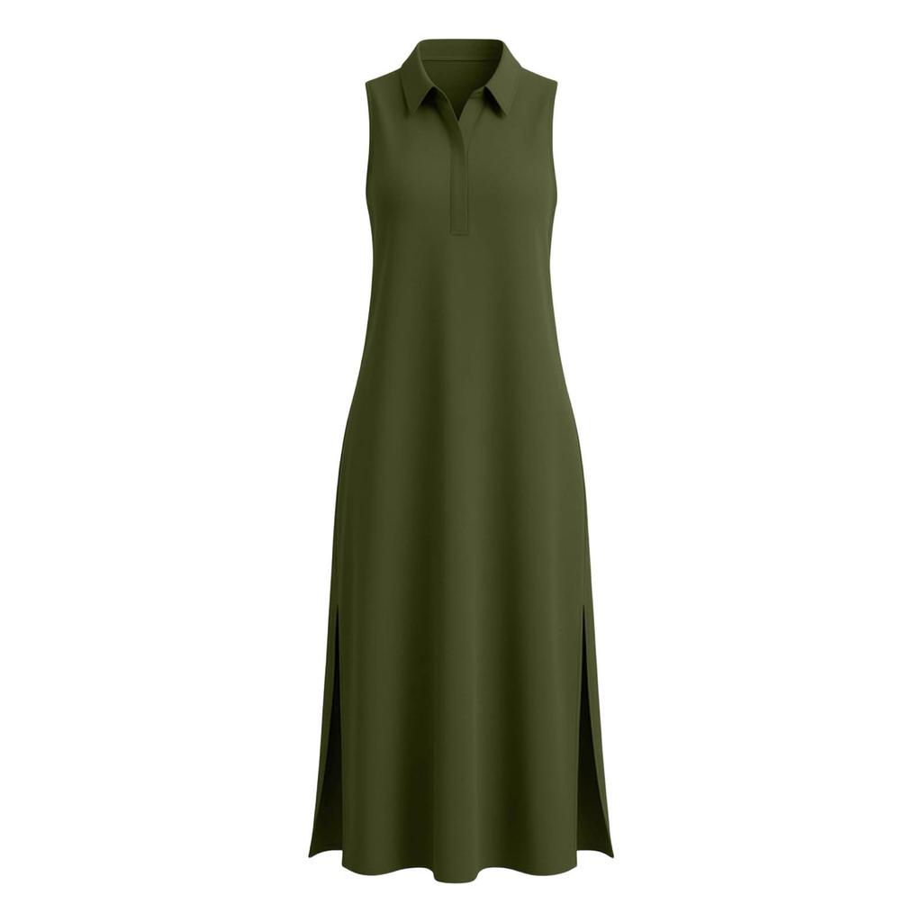 Sleeveless Polo Collar Maxi Dress with Side Slit and Pockets for Women Casual Loose Fit Long Dress