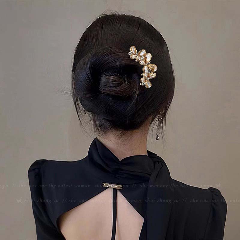 Pente de Cabelo Borboleta de Strass de Luxo para Mulheres Vintage Elegante Metal em Forma de U Flor Grampo de Cabelo Pentes Acessórios de Cabelo Coque