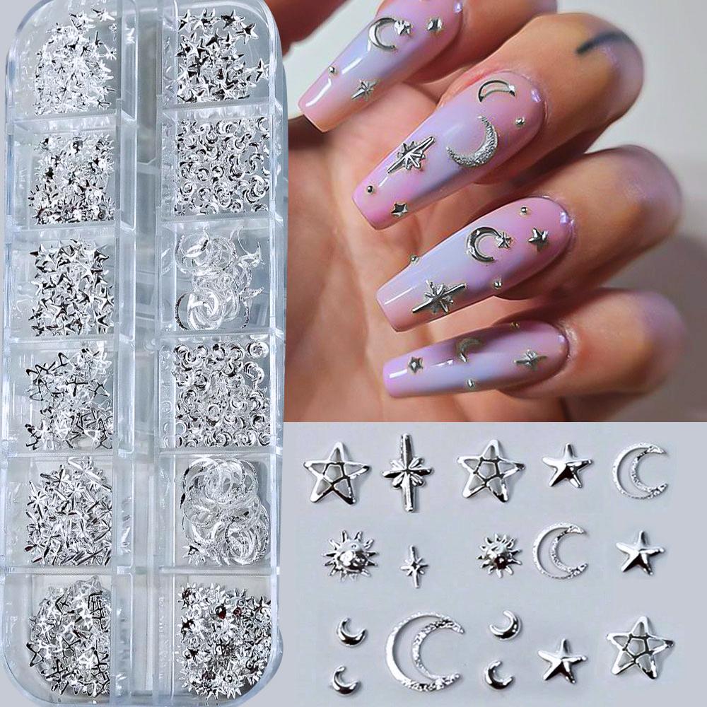 

720-980Pcs Mixed Silver Star/Moon/Cross Nail Rivet Studs 4/6/10mm Metal Frame Silver Star/Sun Nail Art 3D Silver Manicure Studs 1