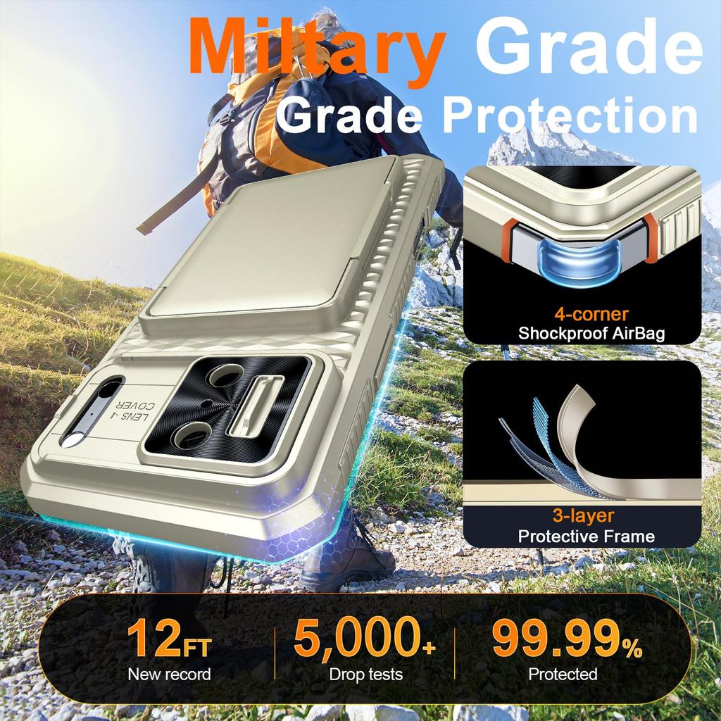 Mit Kartenhalter, Schiebefach für die Kamera und Ständer für iPhone 17 Pro Max Handyhülle, Anti-Fall PC+TPU Brieftaschenhülle - Champagner