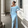 Women's Clothing Autumn New Temperament Solid Color Diagonal Neck Hip Wrap Slim and Thin Streamer Dress