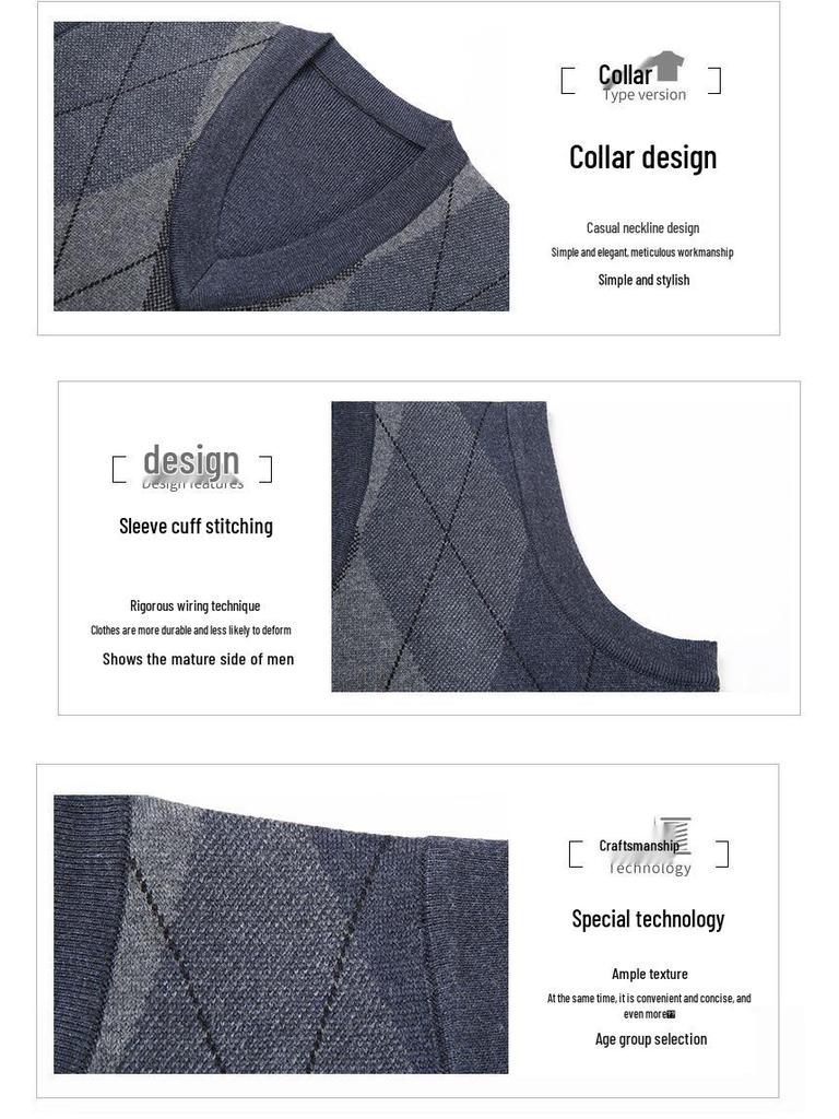 Men's Winter Sleeveless Plaid Knit Sweater Vest - Thick & Warm, Middle-aged Casual Style