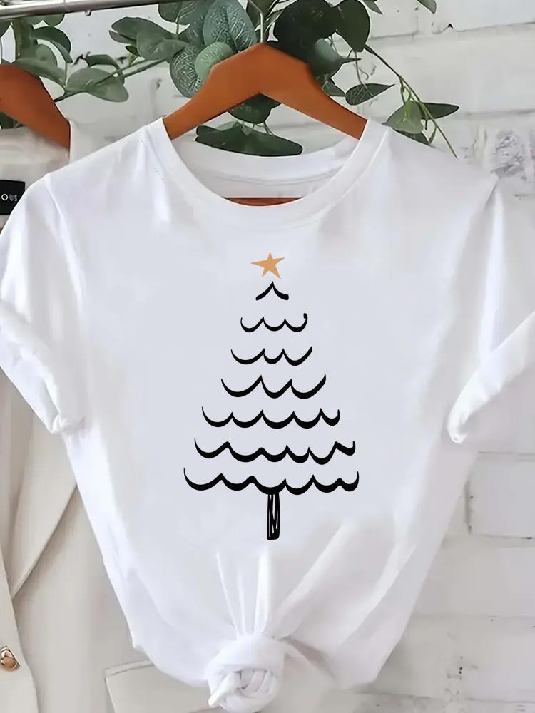 (Asian Size) star tree happy new year Tee merry Christmas festival O-neck Clothing Women's Top T Print Fashion ladies Graphic T-shirts