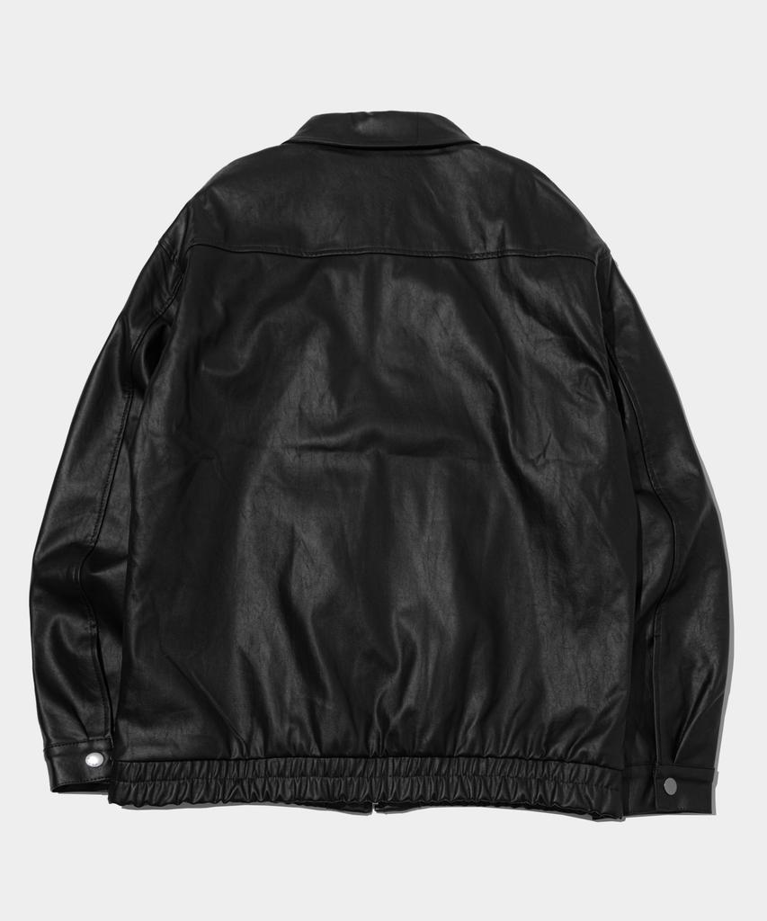 Placestudioman Standard Collar Two-Way Zip-Up Biker Leather Banding Jacket [Black]