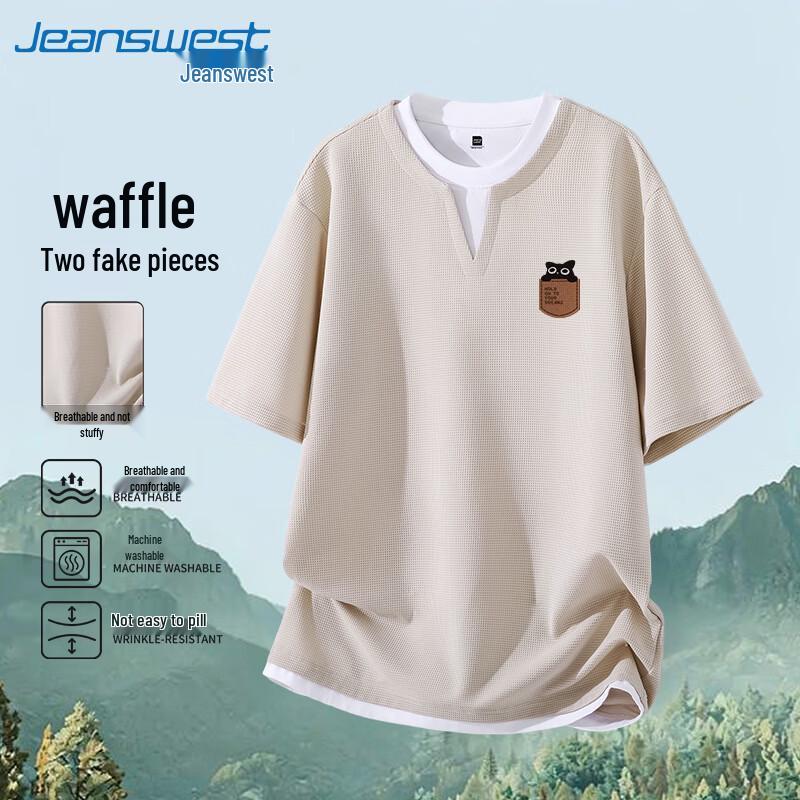 Jeanswest Retro Waffle Knit Short Sleeve Tee with Pocket Cat Print L