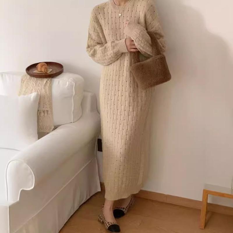 Temperament round neck loose knitted dress women's autumn and winter new fashion casual inside with backing sweater skirt