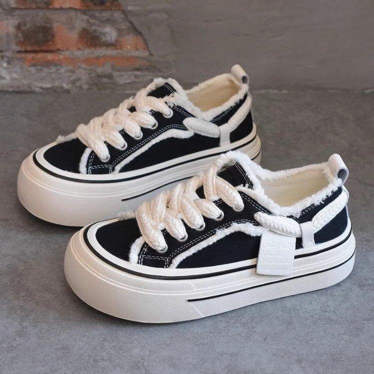 

Korean version of raw edge canvas shoes 2024 new ins ugly cute low-top casual shoes breathable and heightened niche platform women s shoes 40 чорний