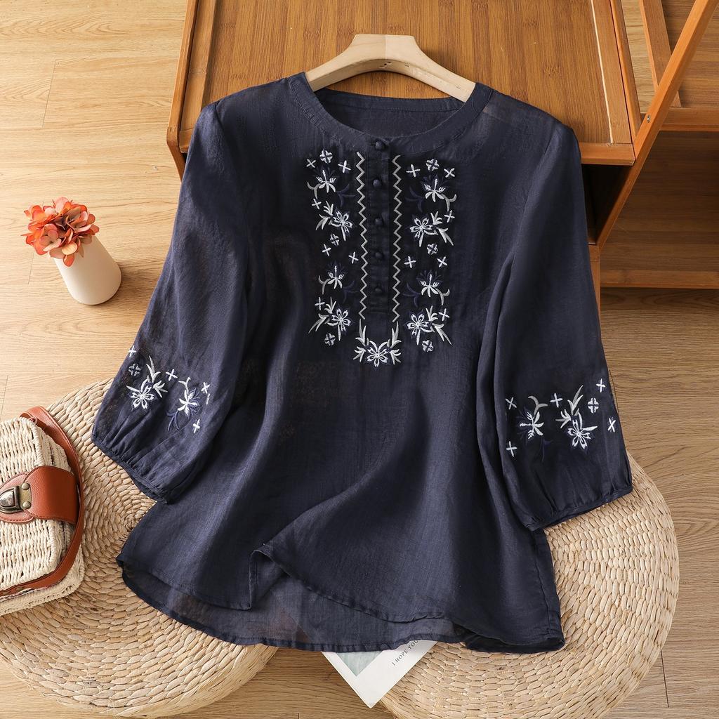 Damen Leinen Baumwolle Hemd 2026 Sommer Neu Stickerei Locker Halbsleeve Retro Bluse Top
