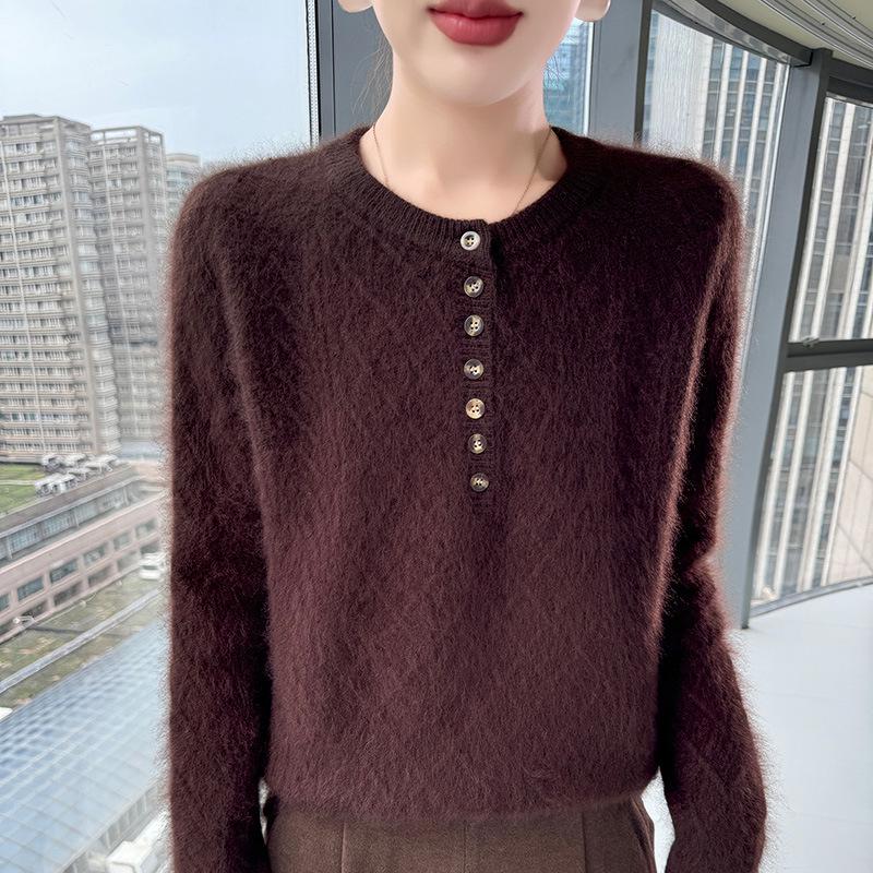 Lekasha 100% Cashmere Mink Velvet Seven-Button Cable Knit Sweater