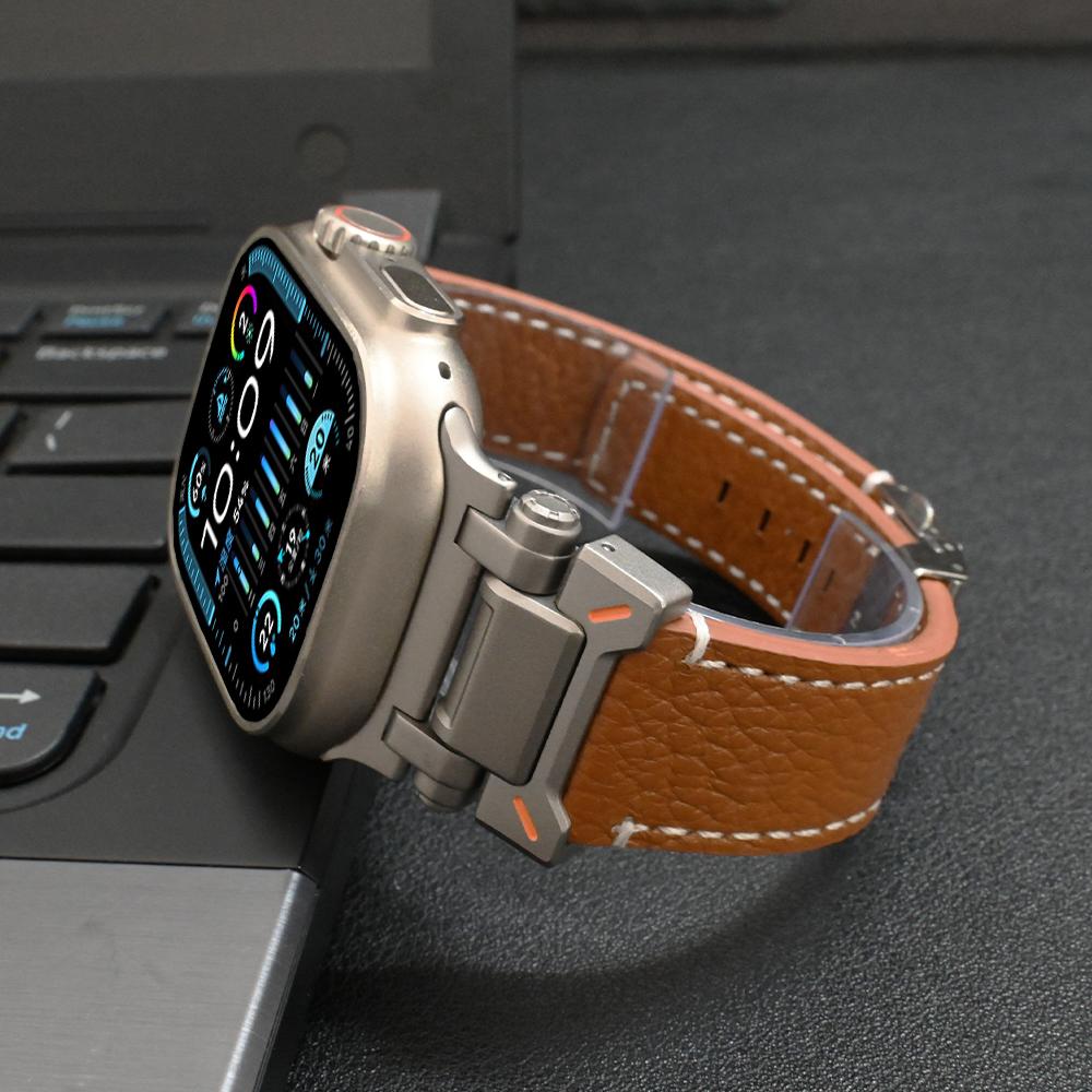 Leather Band for Apple Watch Ultra 3/2 49mm 46mm 45 44mm Luxury Bracelet Titanium Color Strap for iWatch Series 11 10 9 SE Loop