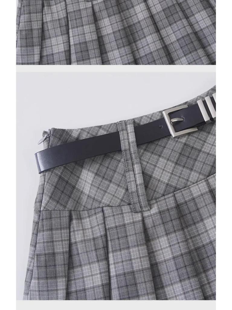 Women's American Retro Plaid High Waist Pleated Skirt - Early Autumn College Style, Anti-Exposure