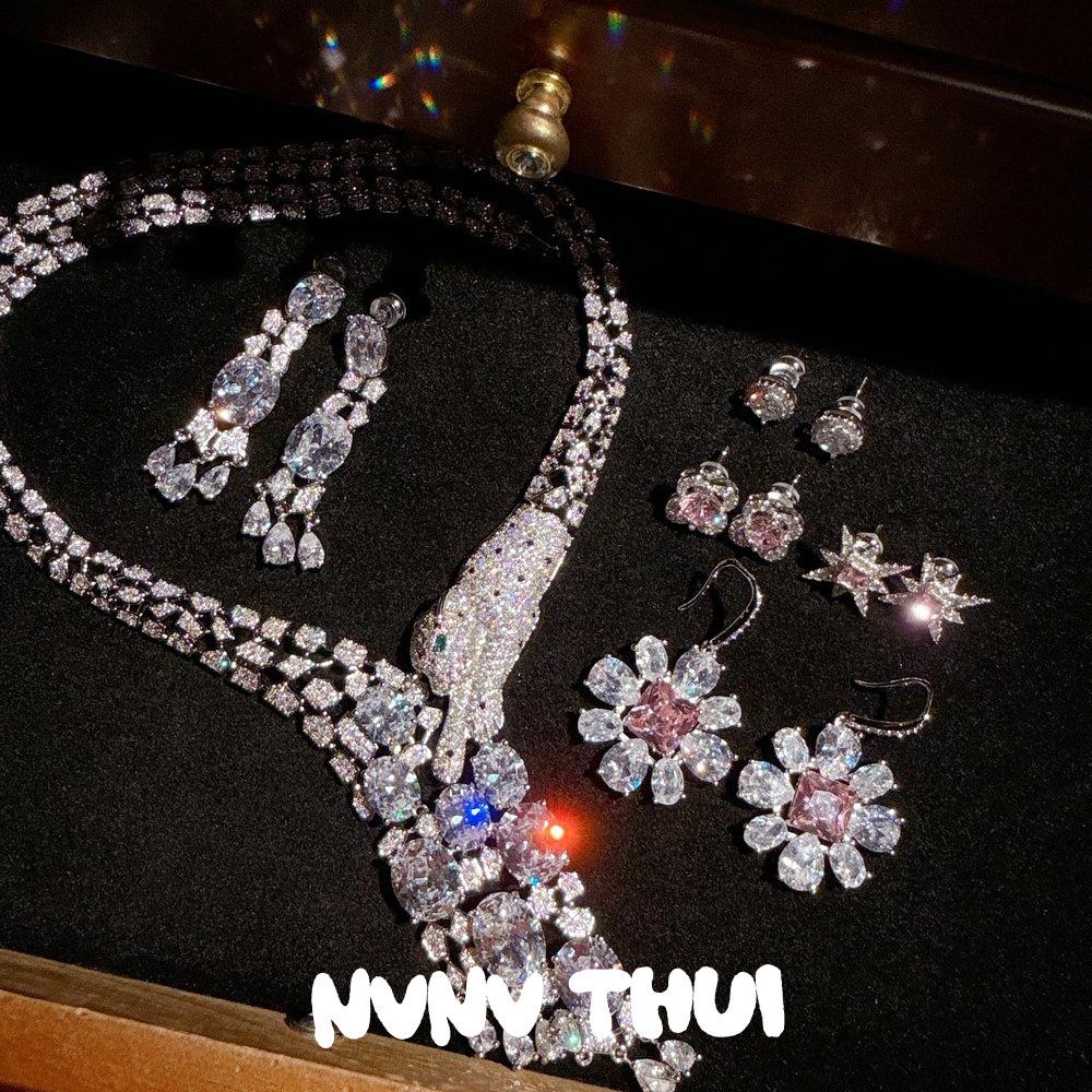 Jewelry, Gypsy Cheetah Gem Necklace, Banquet Haute Couture Egg-Shaped Water Drop Zircon Earrings, Set