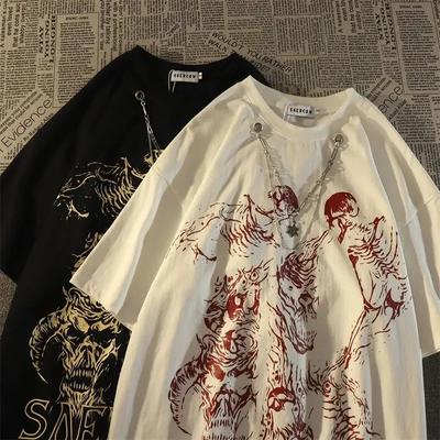 American Style Street Dark Skull Style Cotton Short Sleeved Tshirt for Men and Women Ins Summer Loose Couple Wear Round Neck Top